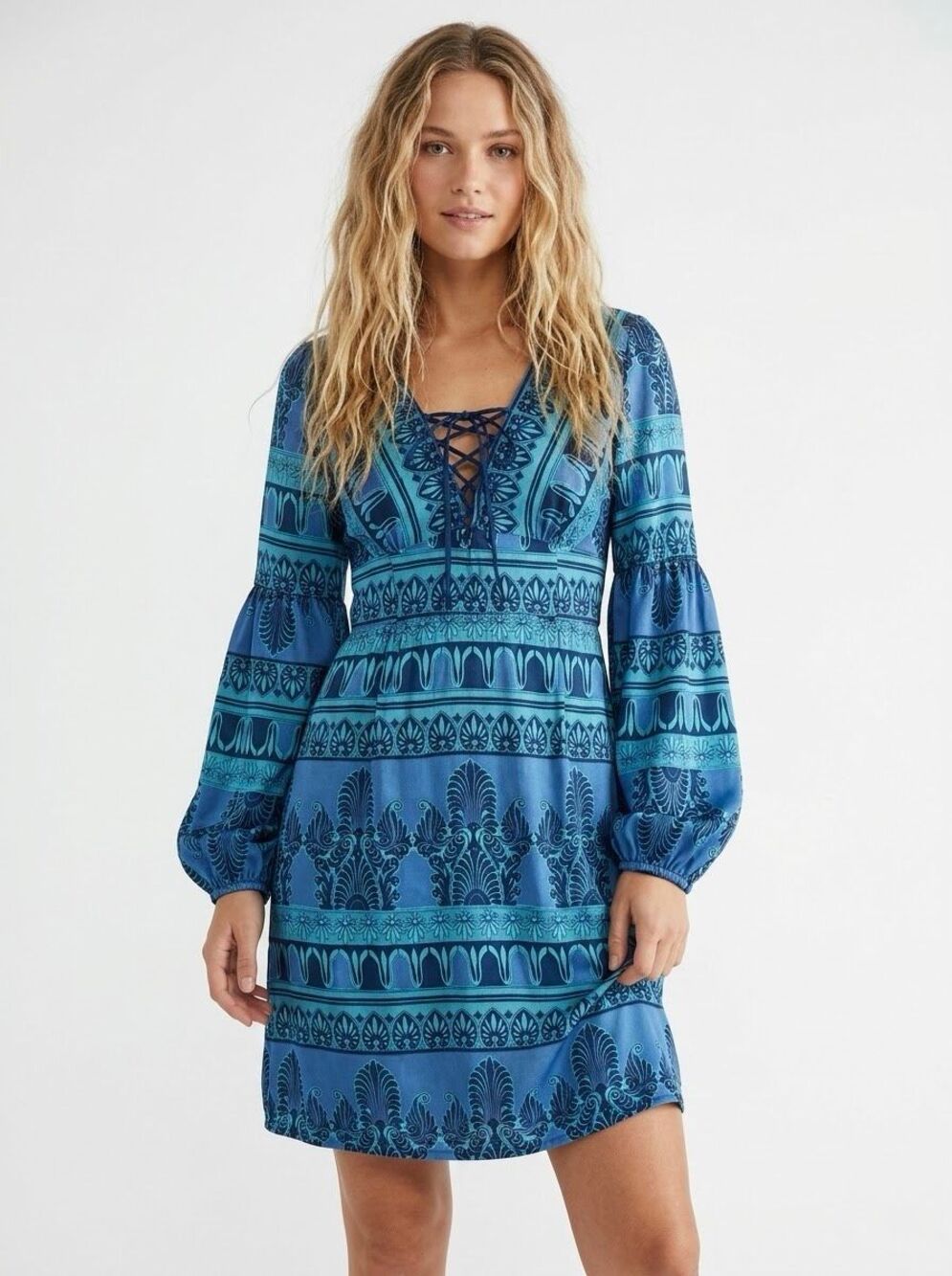 Vintage Nanette Lepore Blue Silk Lace Up Damask Long Sleeve Dress Y2K Fairy 6